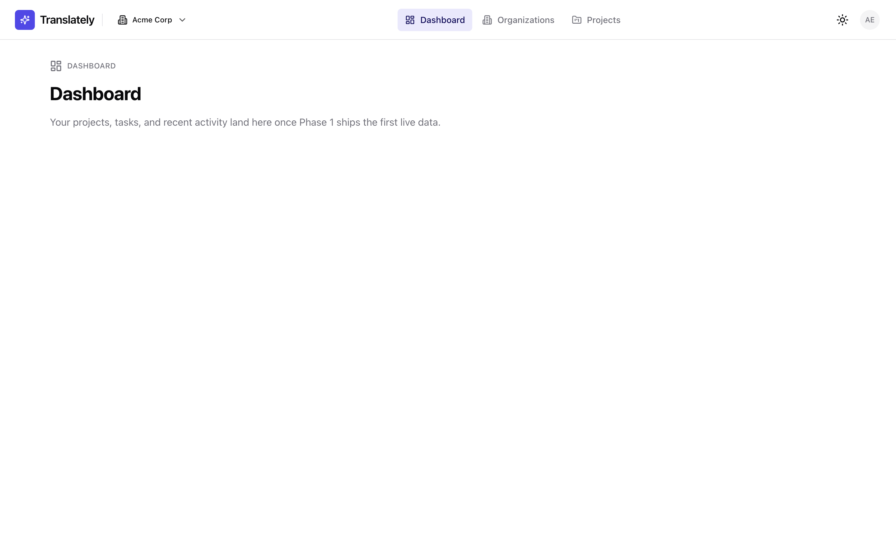 Authenticated app shell on the dashboard route: brand, org switcher, primary nav, theme toggle, and user avatar in the top bar.