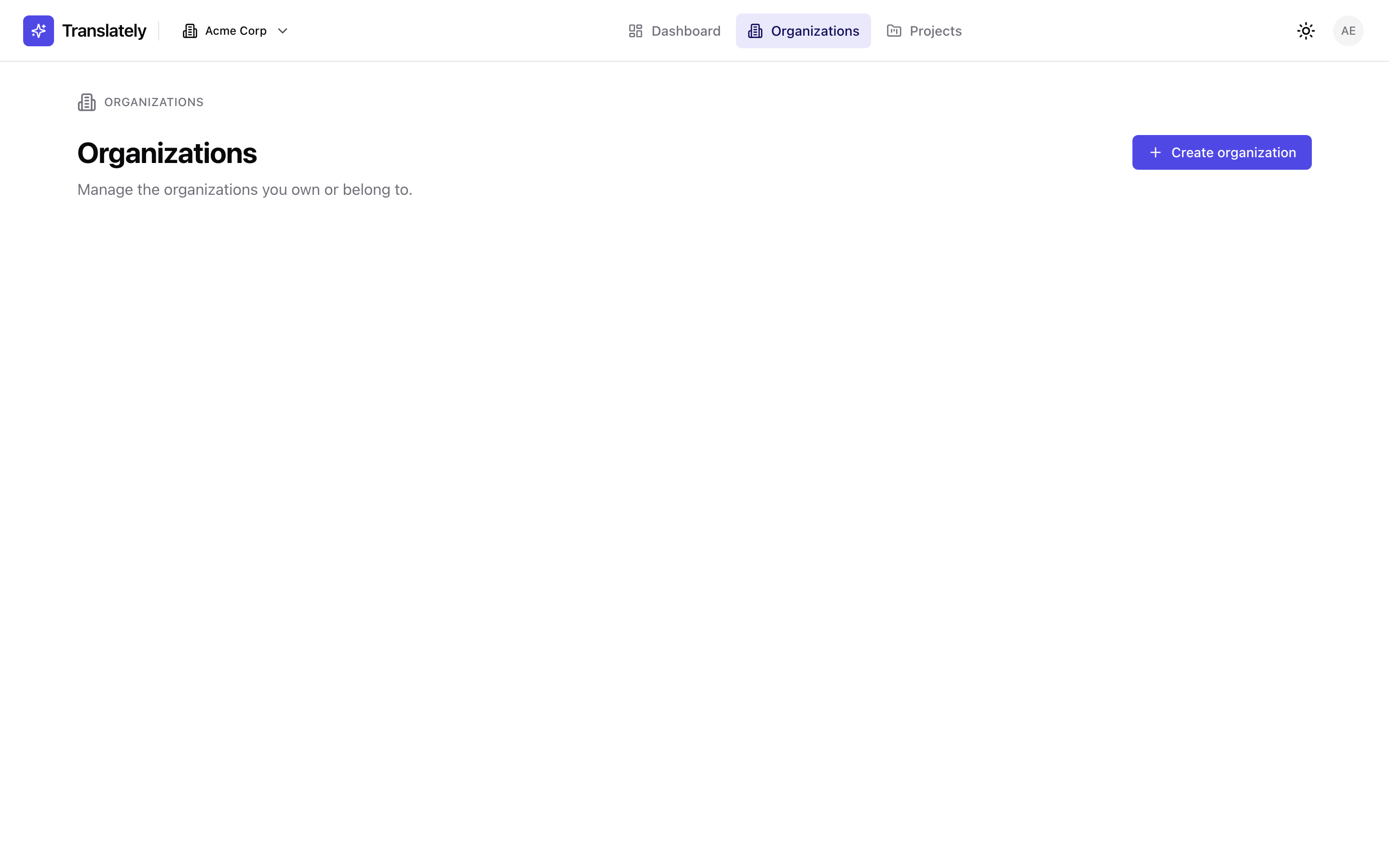 Organizations page with Create organization CTA and the page heading.