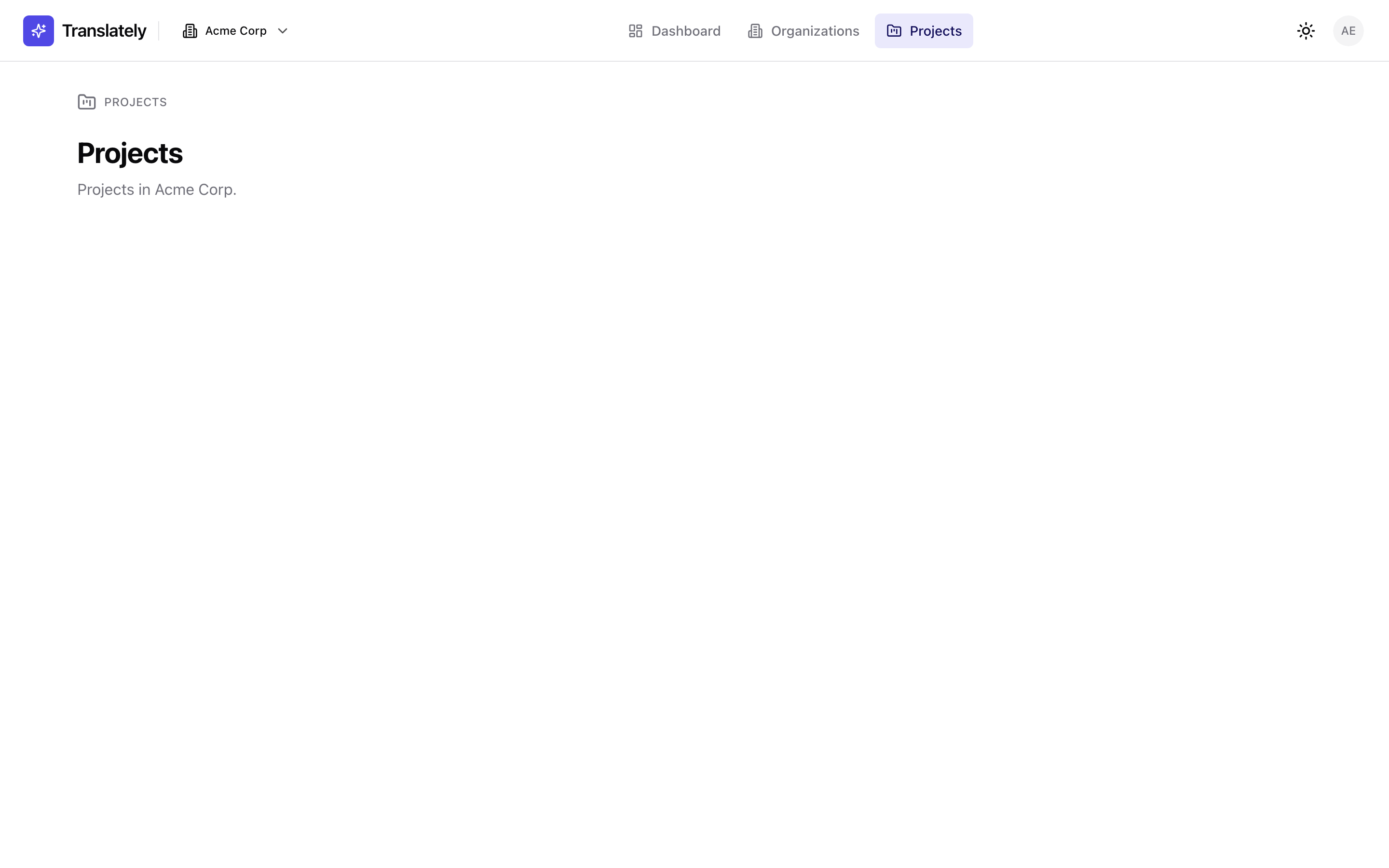 Projects index rendered for the active organization — tenant-scoped page with the org's name in the subtitle.